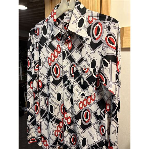 Enro Vintage Men’s M Gray Red Abstract Long Sleeve Button Down Nylon Disco Shirt - Picture 7 of 12